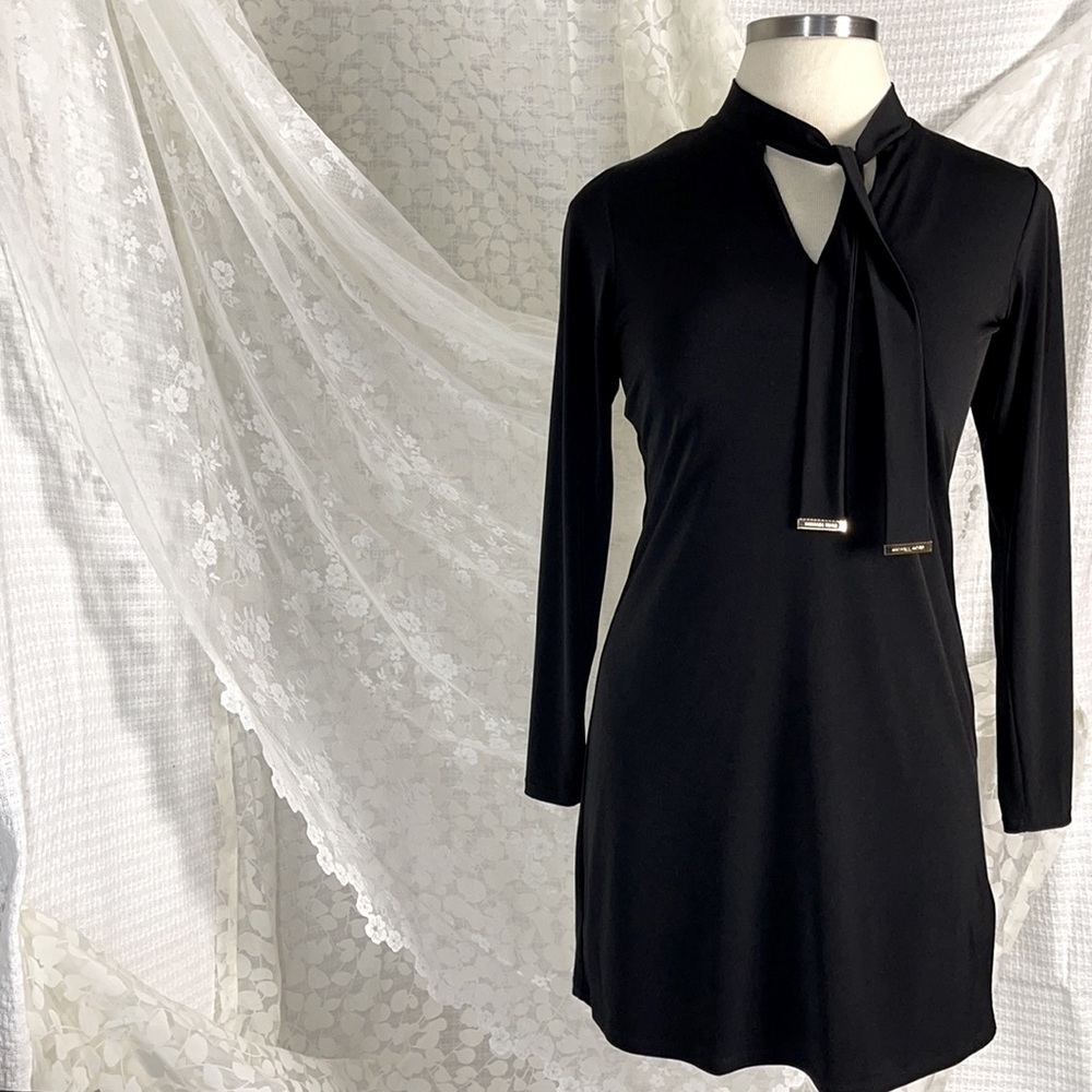 LBD long sleeve black dress with tie